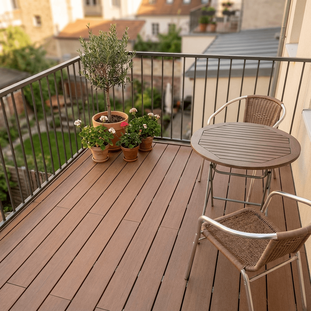Balcon avec lames de terrasse composite alvéolaires