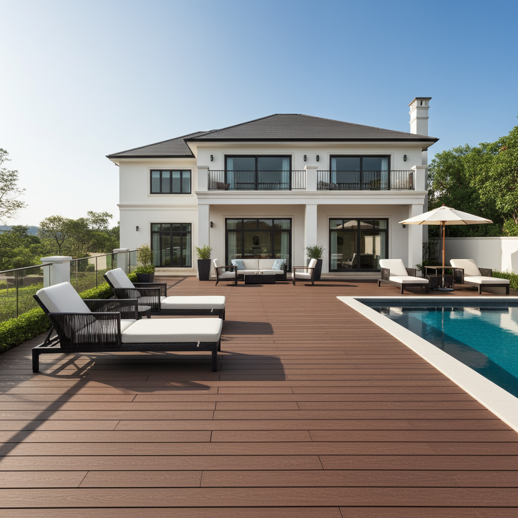 Grande terrasse composite semi-pleine autour d’une piscine
