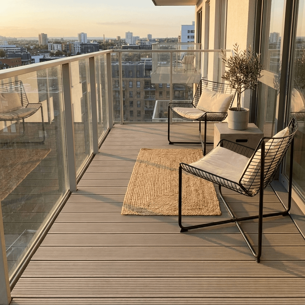 Balcon avec lames de terrasse composite alvéolaires