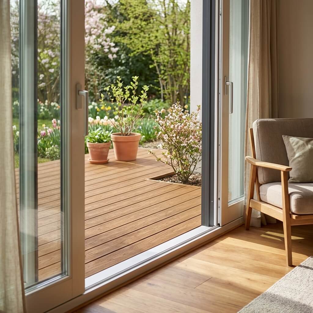 Terrasse composite alvéolaire avec accès depuis la maison