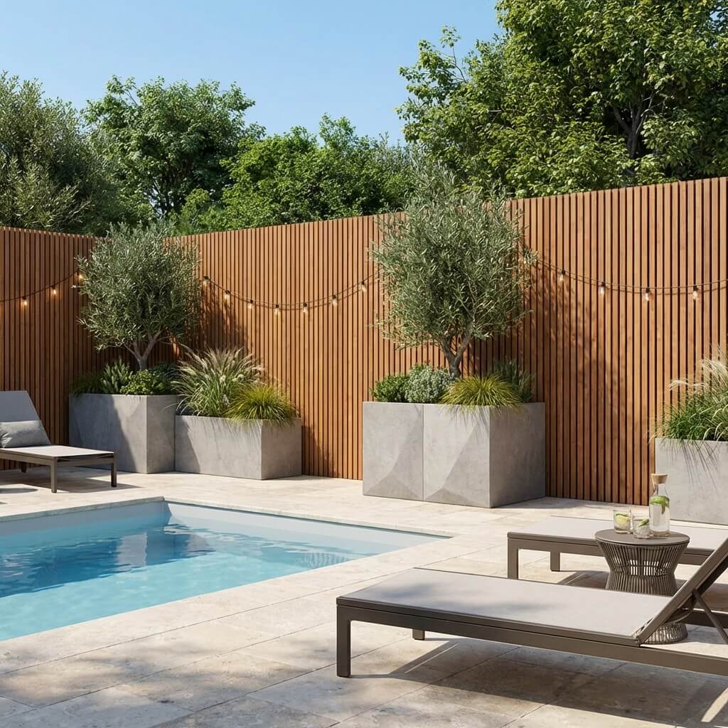 Espace piscine avec mur en tasseaux décoratifs